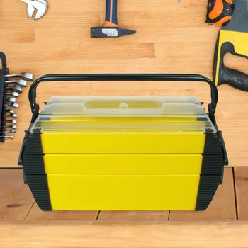 Прочный 3-уровневый портативный пластиковый ящик для инструментов с 5 отделениями, желтый