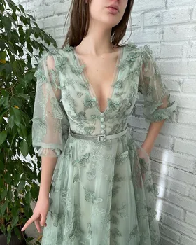 Изготовленные на заказ платья для выпускного вечера из тюля с зеленой бабочкой, V-образный вырез, длинные рукава, бархатный пояс, вечерние платья, официальное праздничное платье