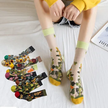 Модные Шелковые носки с кристаллами в стиле Харадзюку, Женские Летние Ультратонкие Прозрачные Виноградные лозы, цветы, Стеклянные Шелковые носки с животными, Хлопковые носки Tide