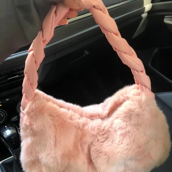 Xiuya Милые сумки для женщин 2023, Новая мода, Нежная Элегантная однотонная плюшевая сумка, Дизайнерская сумка для подмышек с милой плетеной тесьмой