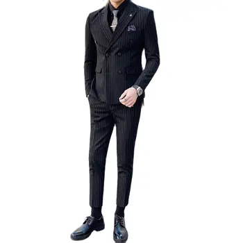 2022, Куртка + брюки, полосатый двубортный модный приталенный костюм, костюм из двух предметов для мужчин