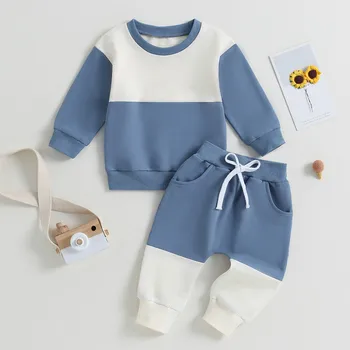 Комплекты брюк для новорожденных, одежда для маленьких мальчиков, Осенние наряды контрастных цветов, толстовки с длинными рукавами и длинные брюки с эластичной талией, комплект из 2 предметов