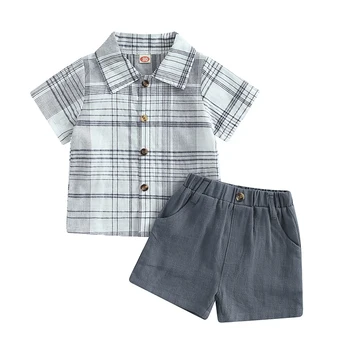 Пляжная одежда из 2 предметов для маленьких мальчиков, рубашка в клетку с короткими рукавами и принтом, шорты, комплект летней одежды