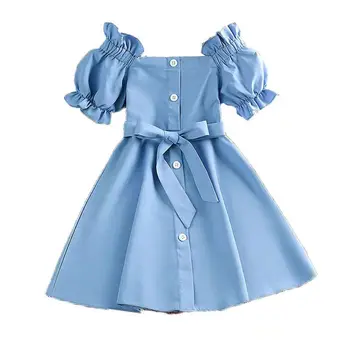 Платье для девочек 2023, Летнее платье, Новая Детская юбка трапециевидной формы с милым бантом, Детские Однотонные платья для девочек с коротким рукавом