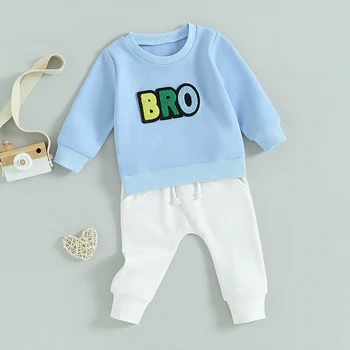 Одежда для маленьких мальчиков из 2 предметов, толстовка с длинными рукавами в стиле пэчворк с надписью и эластичные штаны для малышей, осенняя одежда