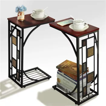 Деревянный приставной столик С-образной формы, набор из 2 предметов, коричневый/черный приставной столик для гостиной, управляющий столом