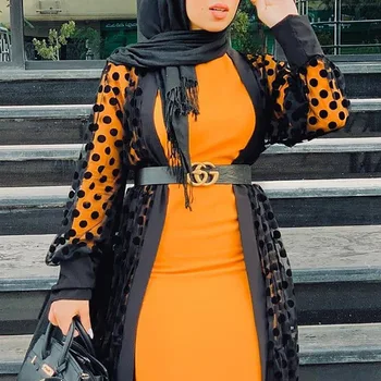 Donsignet Muslim Woman's Dess Мусульманская Мода Мусульманский Кардиган Ближний Восток Женский Кардиган из Сетчатой Пряжи В Горошек Длинное Платье Дубай Абая