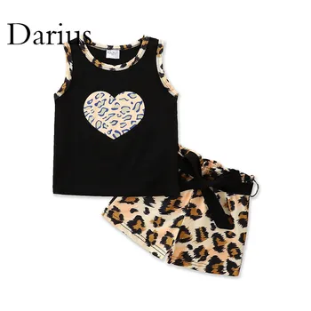 Летний комплект для девочек, жилет с принтом сердца + шорты с леопардовым принтом, 2 предмета, повседневные детские костюмы, одежда