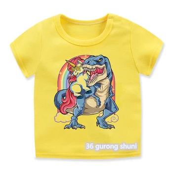 Новая футболка для мальчиков с рисунком динозавра и единорога, детская одежда с рисунком милых животных, футболка для мальчиков с рисунком летних желтых топов с короткими рукавами