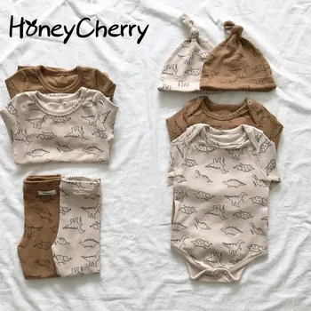 Комплект с круглым вырезом и динозавром HoneyCherry Baby, Мультяшная Домашняя одежда, Комбинезон + Шляпа, Одежда для маленьких девочек, Комплект для маленьких мальчиков