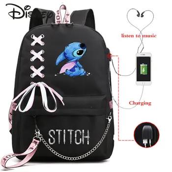 Женский двойной рюкзак Disney Stitzer, Модный мультяшный USB Внешний интерфейс, Деловой рюкзак, Многофункциональная дорожная сумка для хранения