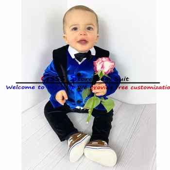 Little Boy Suit 3 Piece Wedding Groom Tuxedo Royal Blue Velvet Formal Blazer Pants Vest Kids Jacket комплекты для маленьких маль
