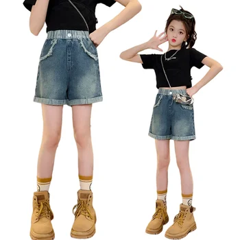 Летние Шорты для девочек в стиле ретро, Повседневные джинсы с эластичной резинкой на талии, детские короткие штаны, одежда для подростков 6, 8, 10, 12, 14 лет