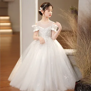 Роскошные Свадебные Длинные платья для девочек, Детское Элегантное кружевное платье Принцессы для вечеринки по случаю дня рождения, вечернее платье для маленьких девочек от 3 до 12 лет
