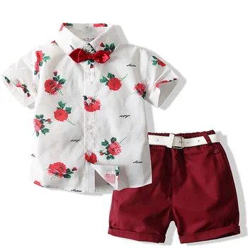 Летние комплекты одежды для маленьких мальчиков, Хлопковая рубашка с коротким рукавом-бабочкой + шорты с поясом, наряды из 2 предметов, Модный красивый детский костюм джентльмена