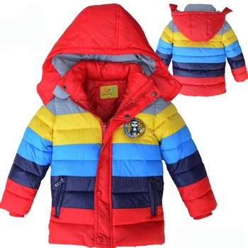 Новая зимняя утепленная куртка для мальчиков, длинное стильное плотное пальто в цветную полоску для детей, детская верхняя одежда с капюшоном