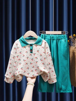 Весенне-осенняя одежда для девочек, костюмы, Детский костюм, свитер с цветочным рисунком, топы + расклешенные брюки с разрезом, повседневная одежда для маленьких детей, костюмы