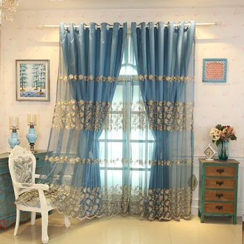 Синие европейские комплекты штор с вышивкой, прозрачные плотные шторы на подкладке для гостиной, украшения спальни