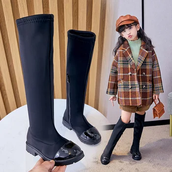 Детская повседневная обувь; Коллекция 2021 года; Сезон осень-зима; модные детские зимние ботинки до середины икры; Черная обувь; модные ботинки из натуральной кожи для девочек