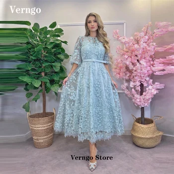 Verngo, Небесно-голубые кружевные Винтажные платья для выпускного вечера с круглым вырезом и половинчатыми рукавами, Принцесса, Арабские Женщины, Скромные вечерние платья на День рождения
