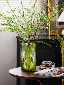 Античный стиль, Оливково-зеленая стеклянная ваза с винтажными цветочными орнаментами, эстетичный декор комнаты, Изысканная ручная работа, натуральная и свежая