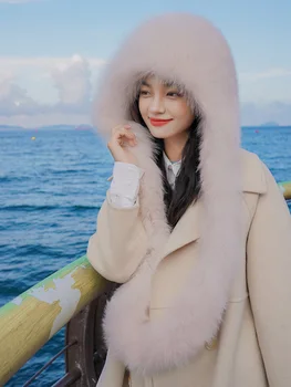 Корейская версия Снежной шапки из лисьей шерсти, шарфа, интегрированной шапки для зимнего туризма, устойчивой к теплу и холоду, утолщенной женской шапки
