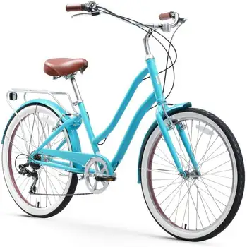 Стальной женский гибридный велосипед с задней стойкой, 7 скоростей, 26 дюймов. Колеса Бирюзового цвета с коричневым сиденьем и ручками, Подставка для дорожного велосипеда, держатель для мобильного телефона