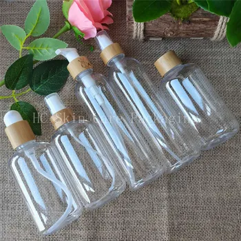Прозрачные / янтарные / матовые пластиковые бутылки с бамбуковой крышкой пластиковая бутылка для воды с тонером бутылка для шампуня и кондиционера многоразового использования