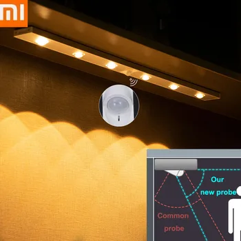 Ночник Xiaomi с датчиком движения Беспроводной ультратонкий светодиодный перезаряжаемый 3 цвета для спальни, кухонного шкафа, лампы с регулируемой яркостью