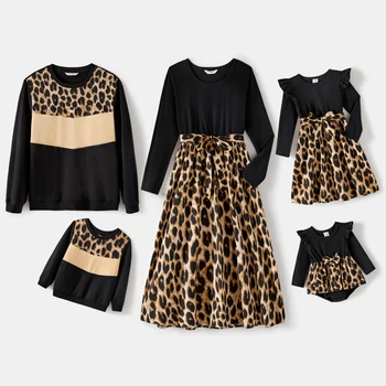 Комплекты семейных платьев PatPat с черными леопардовыми вставками и свитшотов с цветными блоками с длинными рукавами