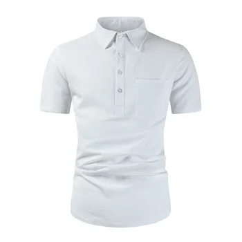 Летняя новинка 2023, мужская свободная рубашка на пуговицах с коротким рукавом и лацканами, бело-синяя хлопковая однотонная рубашка поло для мужчин