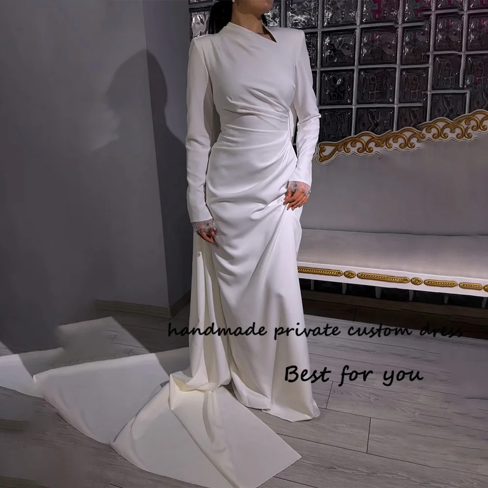 Белые Атласные Свадебные платья Русалки с Длинным рукавом, Элегантные Мусульманские Свадебные платья из Дубая со шлейфом, Свадебное платье Невесты 0