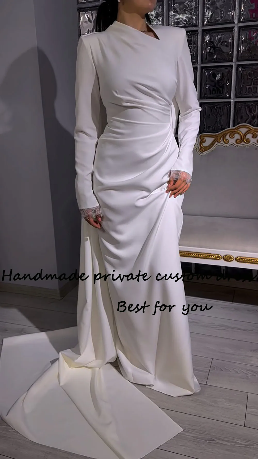 Белые Атласные Свадебные платья Русалки с Длинным рукавом, Элегантные Мусульманские Свадебные платья из Дубая со шлейфом, Свадебное платье Невесты 1