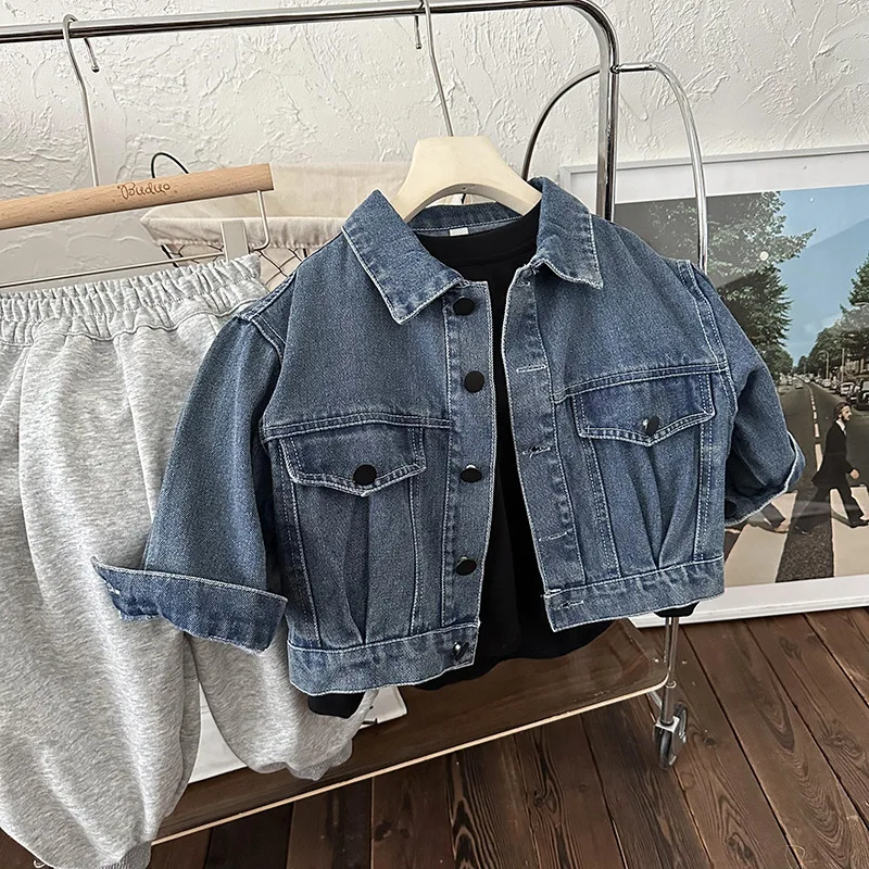 Весенне-осенняя детская винтажная джинсовая куртка с отложным воротником для мальчиков, свободное повседневное пальто, верхняя одежда для девочек 0