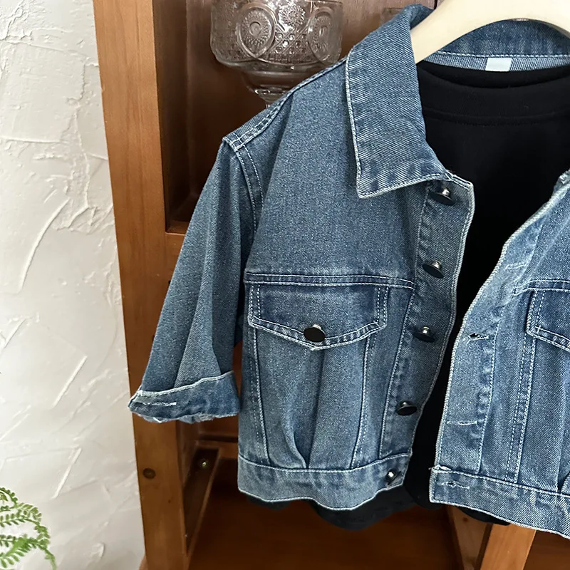 Весенне-осенняя детская винтажная джинсовая куртка с отложным воротником для мальчиков, свободное повседневное пальто, верхняя одежда для девочек 3
