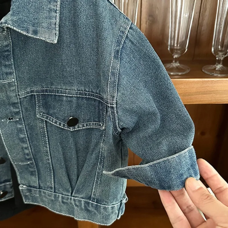 Весенне-осенняя детская винтажная джинсовая куртка с отложным воротником для мальчиков, свободное повседневное пальто, верхняя одежда для девочек 5