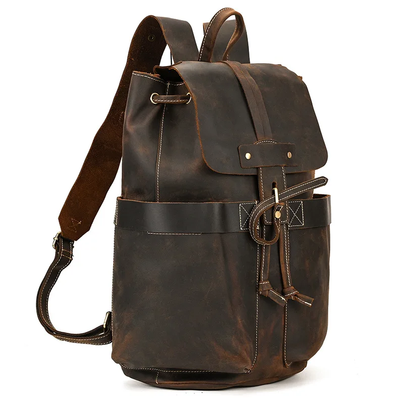 Винтажный мужской рюкзак из натуральной кожи для ноутбука, школьная сумка из воловьей кожи для подростков, кожаный рюкзак Crazy Horse, мужская школьная сумка 0