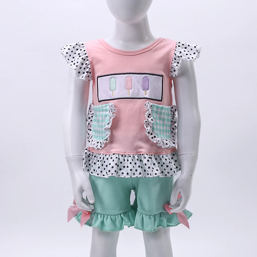 Детская Новая хлопковая розовая футболка В черный горошек с круглым вырезом и вышивкой мороженого Для девочек, Верхняя одежда и зеленые шорты Украшают костюм 2