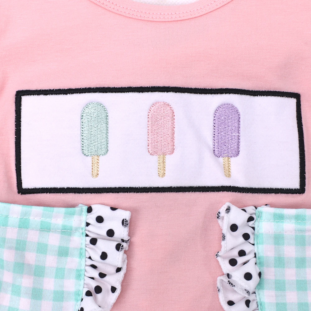 Детская Новая хлопковая розовая футболка В черный горошек с круглым вырезом и вышивкой мороженого Для девочек, Верхняя одежда и зеленые шорты Украшают костюм 3