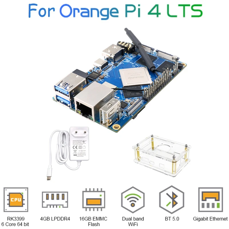 Для Orange Pi 4 4GB Rockchip RK3399 16GB EMMC Development Board + Блок питания 5V4A + Акриловый корпус EU Plug 0