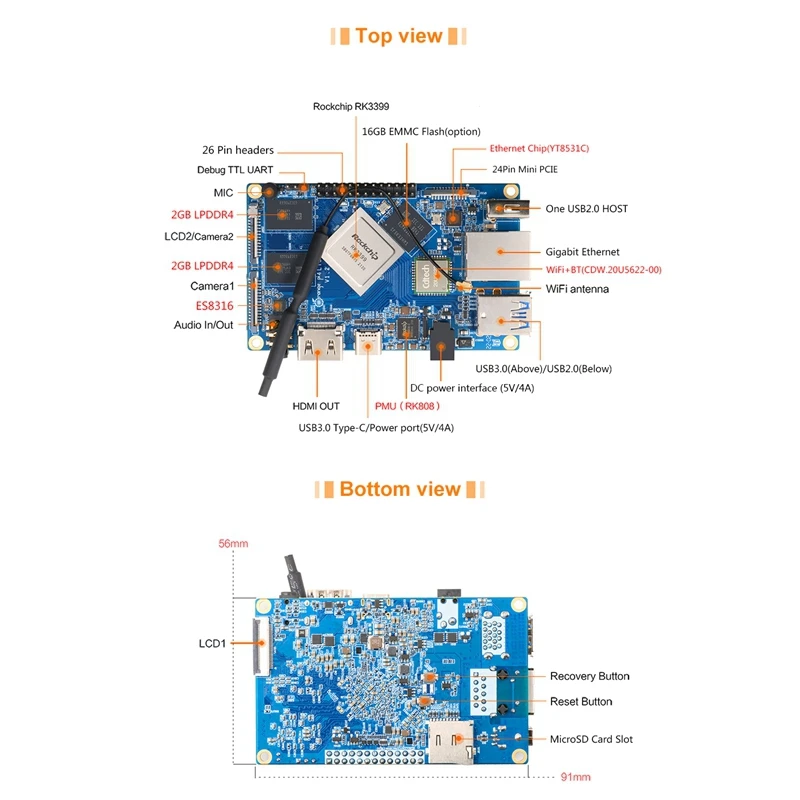 Для Orange Pi 4 4GB Rockchip RK3399 16GB EMMC Development Board + Блок питания 5V4A + Акриловый корпус EU Plug 1