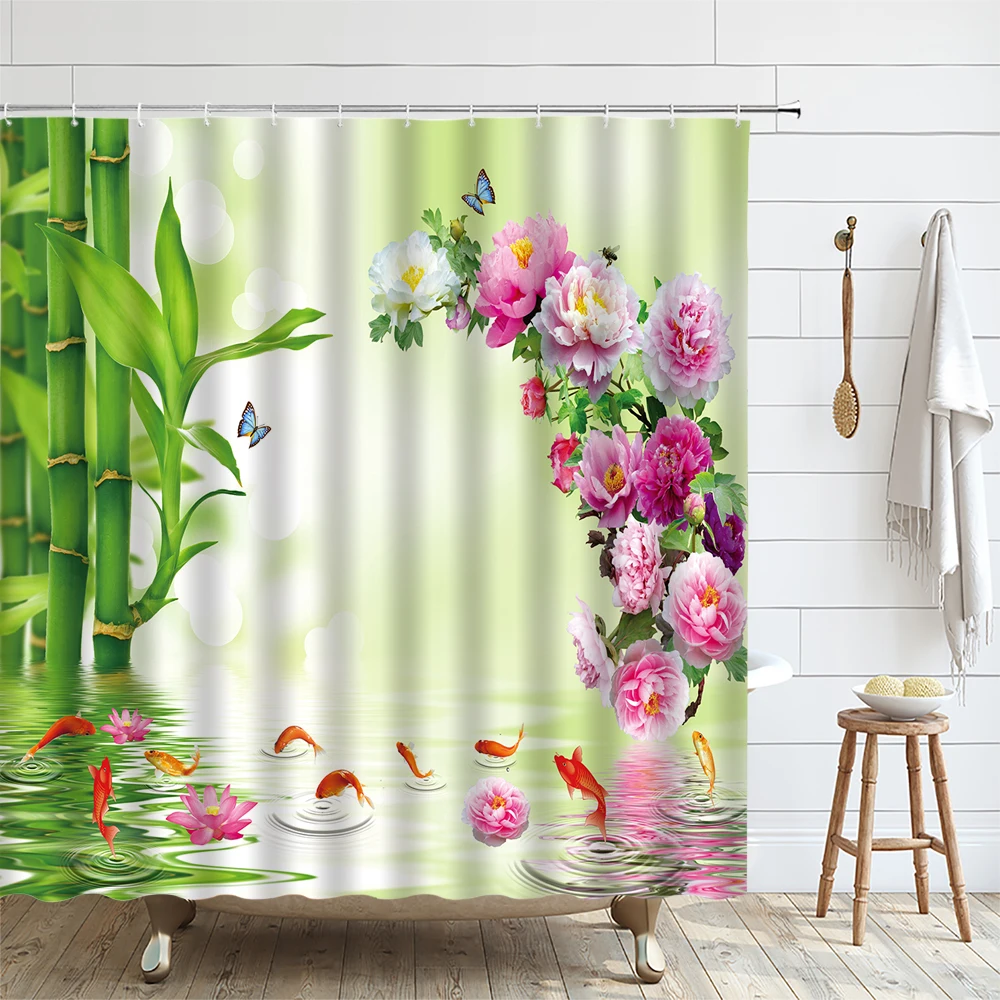 Зеленый Бамбуковый Забор Занавеска для Душа Тропическая Природа Растение Цветок Спа Лотос Полиэфирная Ткань Домашний Декор Ванной Комнаты Набор Экранов для ванны 2