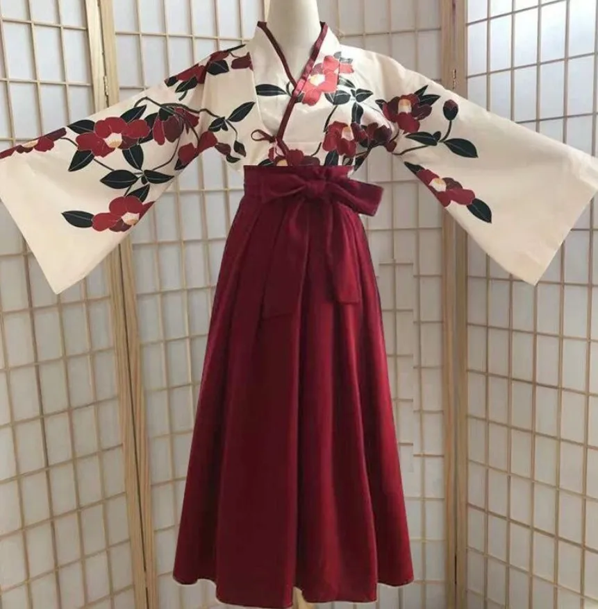 Кимоно Сакура для Девочек, Винтажное платье с цветочным принтом в японском стиле, Женский восточный костюм с камелией и любовью, Хаори Юката, Азиатская одежда 0