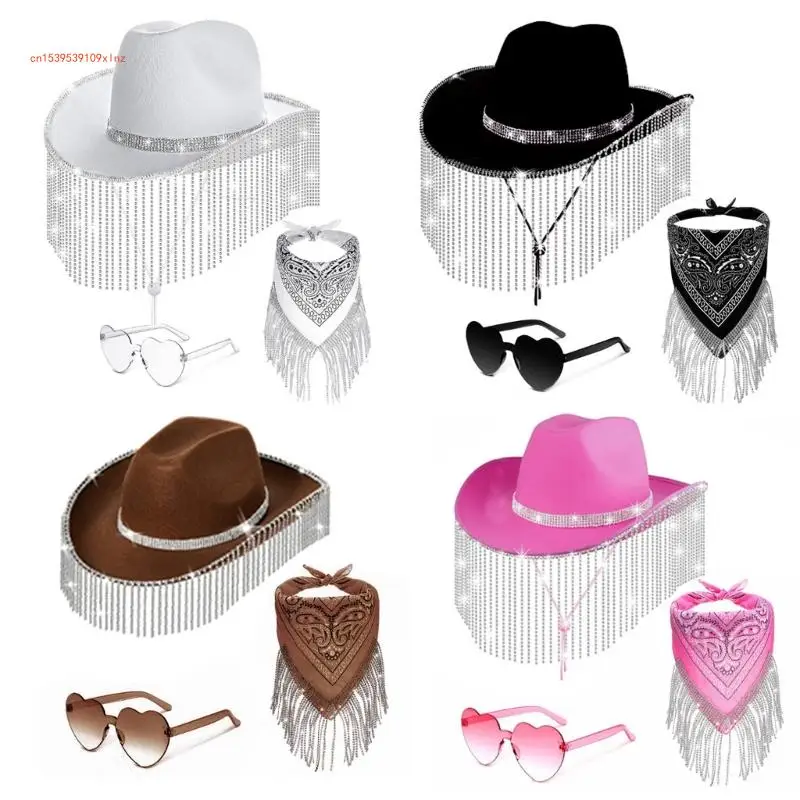 Ковбойская шляпа с банданами-пастушками и солнцезащитными очками, модные широкие поля для вечеринки 1