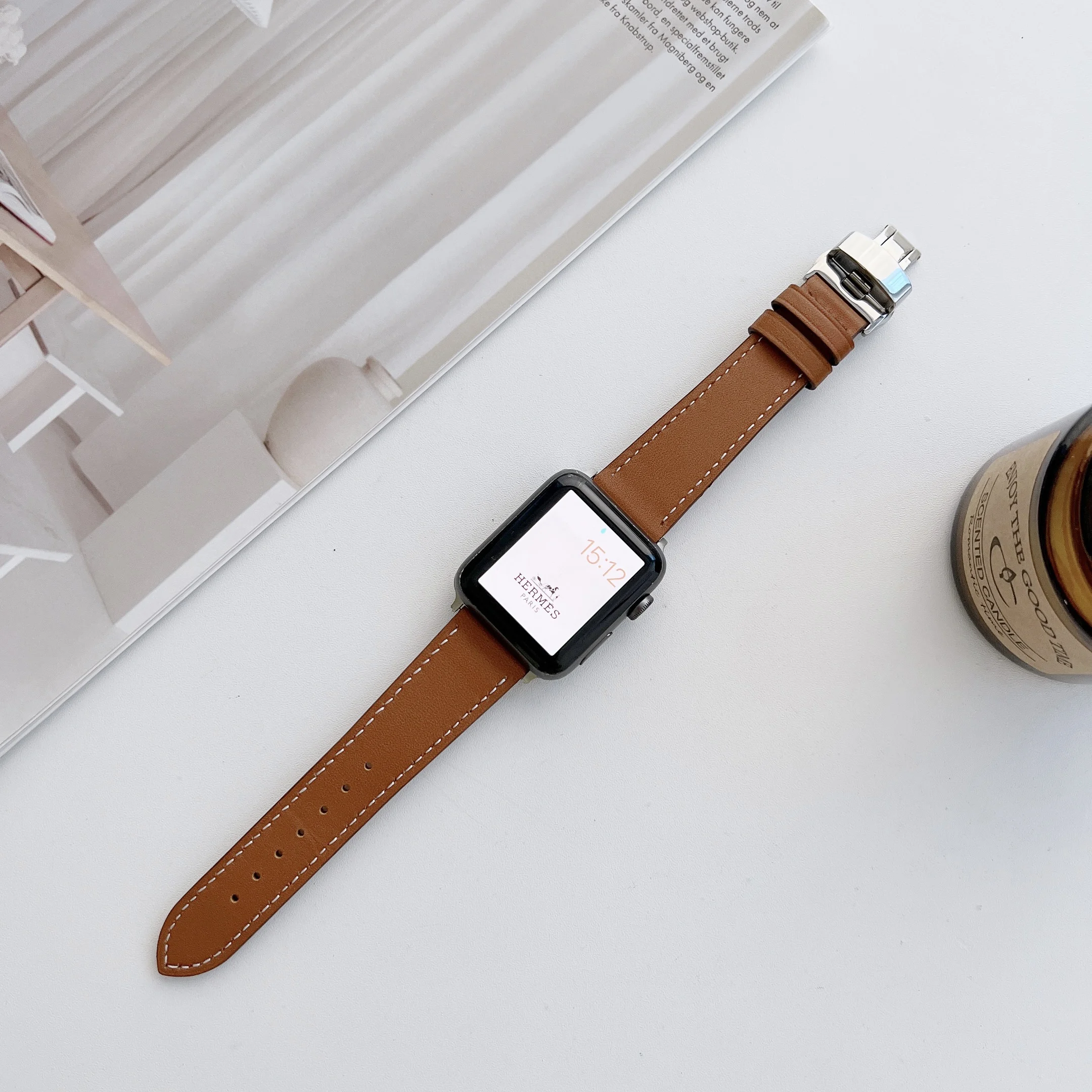 Кожаный Ремешок Для Apple Watch Band Ultra 8 7 49 мм 45 мм 41 мм Металлический Браслет с пряжкой-бабочкой Для iWatch 6 5 4 3 SE 44 мм 42 мм 40 мм 3