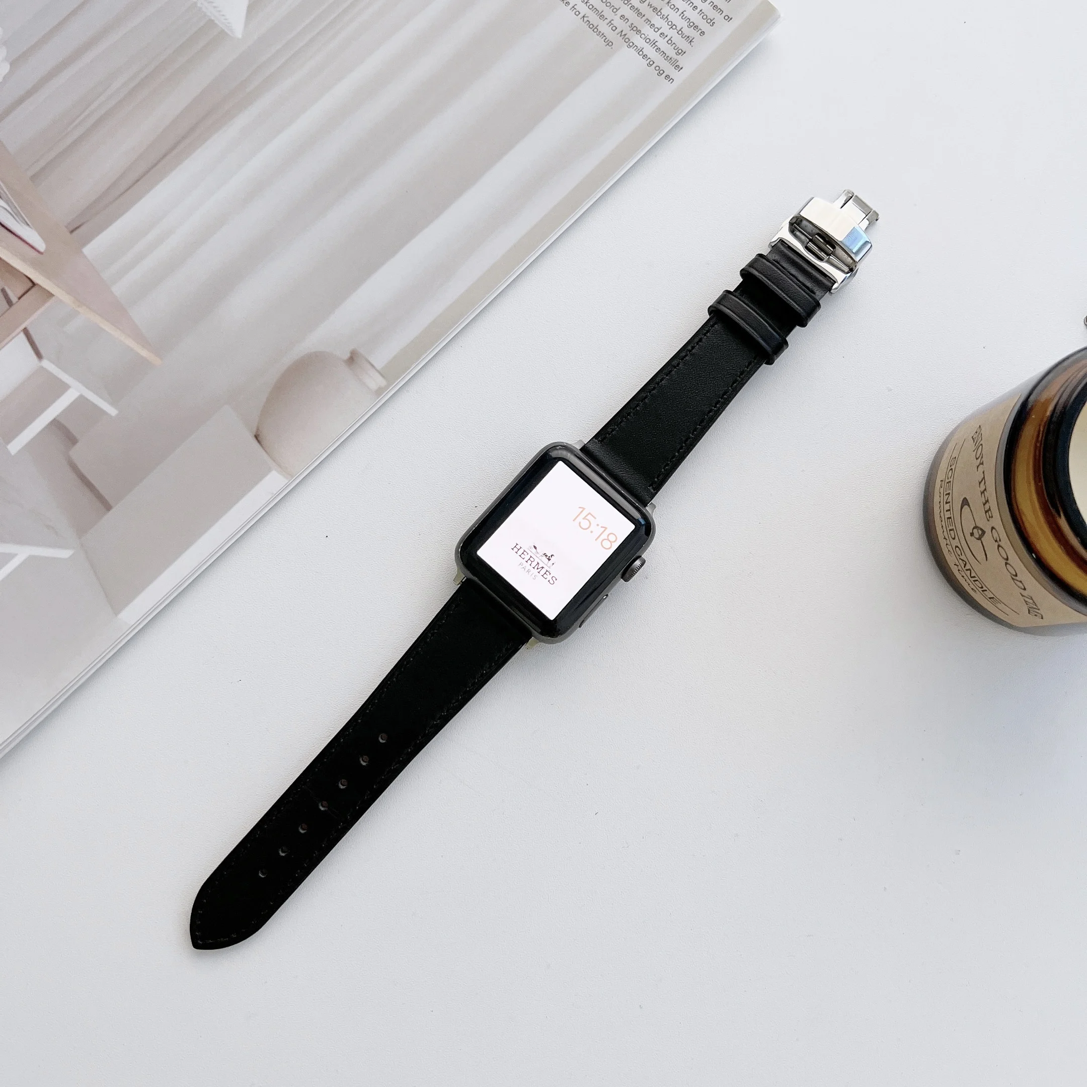 Кожаный Ремешок Для Apple Watch Band Ultra 8 7 49 мм 45 мм 41 мм Металлический Браслет с пряжкой-бабочкой Для iWatch 6 5 4 3 SE 44 мм 42 мм 40 мм 4