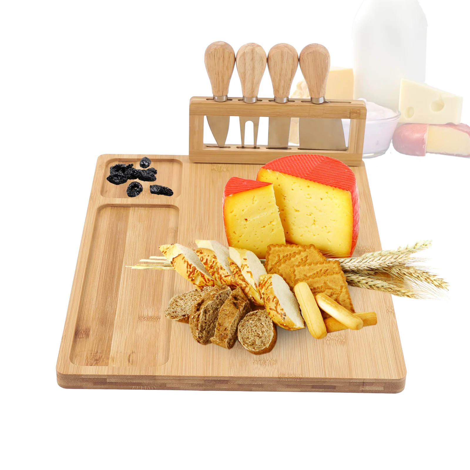Кухонная Сервировочная доска для Мясных блюд Бамбуковая Сырная доска Набор из 4 Сырных ножей 2