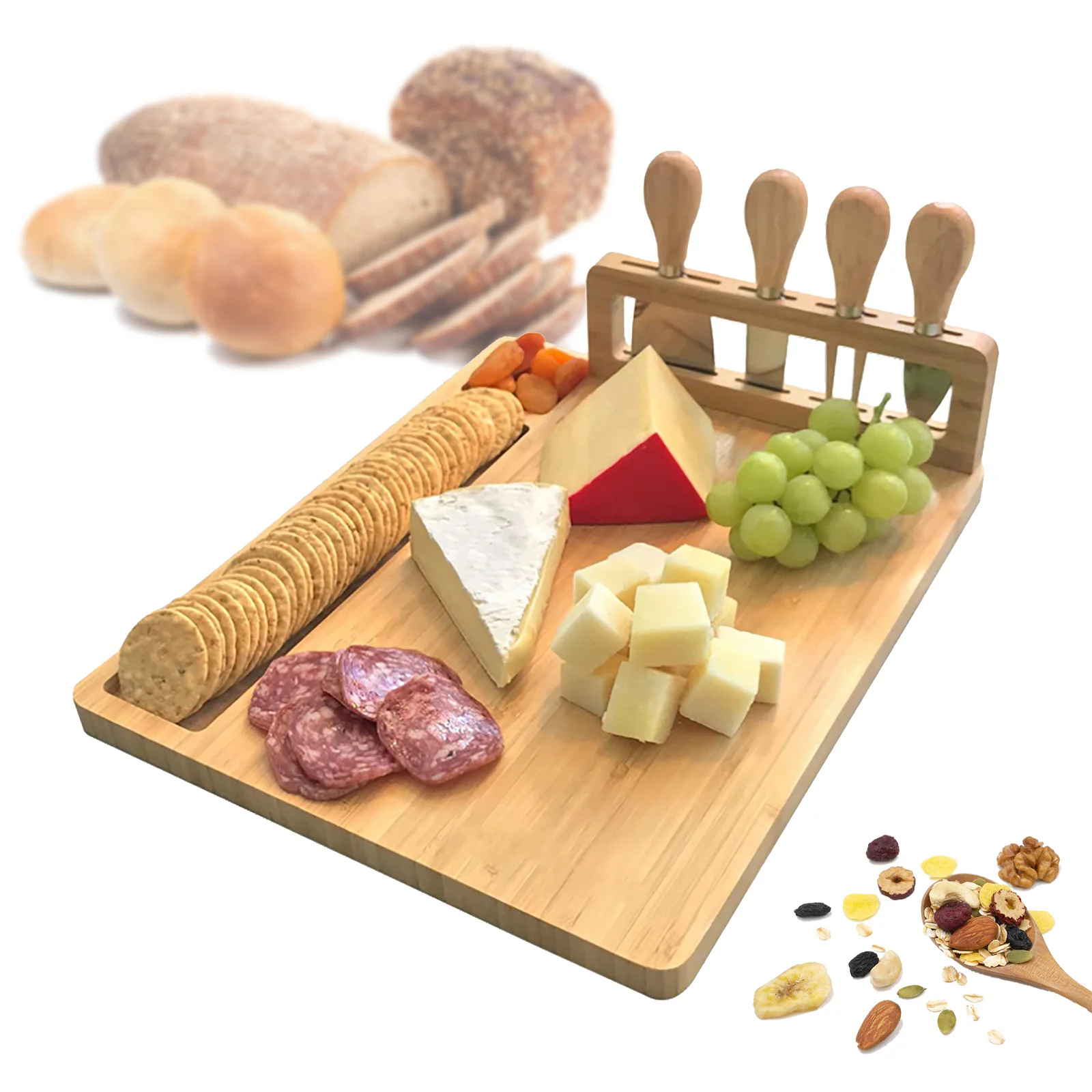 Кухонная Сервировочная доска для Мясных блюд Бамбуковая Сырная доска Набор из 4 Сырных ножей 5