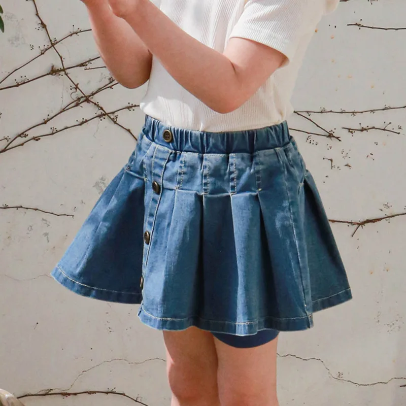 Летняя Корейская детская одежда 2023 года, Модная джинсовая юбка в складку на пуговицах для детей и девочек, джинсы для маленьких девочек, синие джинсы 2