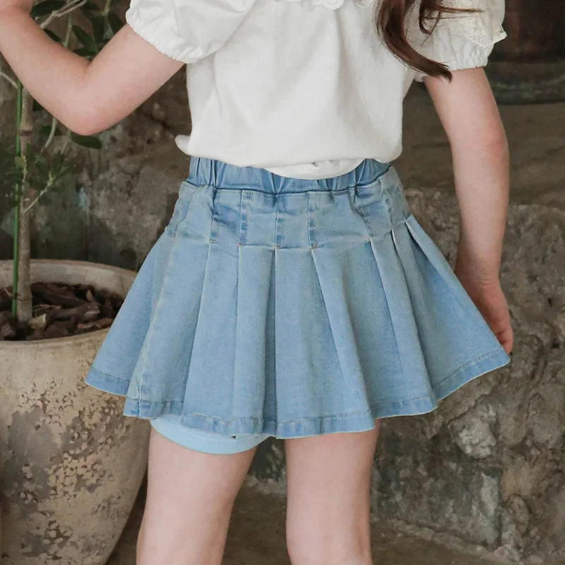 Летняя Корейская детская одежда 2023 года, Модная джинсовая юбка в складку на пуговицах для детей и девочек, джинсы для маленьких девочек, синие джинсы 4